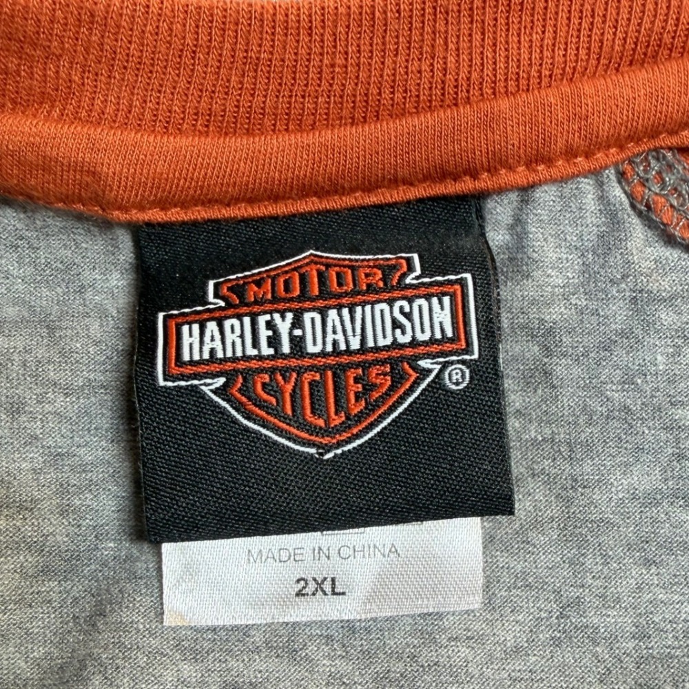 Harley Davidson 2XL Henley Shirt Mens Grey Orange Flaming‎ Gorge Raglan - Picture 7 of 8